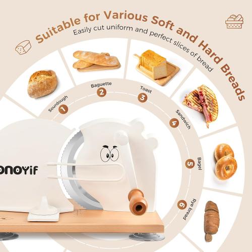 Manual Bread Slicer for Homemade Sourdough Bread, Adjustable Thickness, Hand-Crank Bread Cutter with Metal Guide, Suction Cup & Scale Line, Stainless Steel Blade, Beech Wood Base for Even Slices