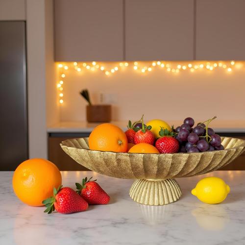 14.5 Large Decorative Long Bowl decor - Fluted Scalloped Decorative Bowls for Home Decor - Ruffle Decor,Stylish Key Bowl for Entry Table,Decorative Fruit Bowls for Kitchen Counter,Golden
