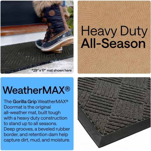 GORILLA GRIP 100% Waterproof All-Season WeatherMAX Doormat US Designed Natural Rubber, Stain Fade Resistant, Low Profile Indoor Outdoor Door Mats, Easy Clean, 29x17 Gray Diamond