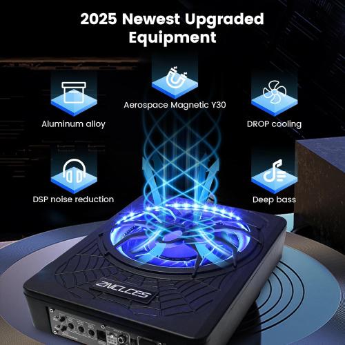 2025 Upgraded 10 1200W Slim Under Seat Powered Car Subwoofer, Car/Truck Sub Built in Amplifier for Outstanding Heat Dissipation, Powerful bass and Blue LED (Blue Light)