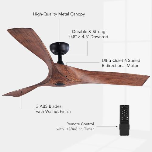 VONLUCE Ceiling Fan No Light, 52 Mid Century Ceiling Fans and Remote Control, 6 Speeds Noiseless DC Motor, 3 ABS Blades, Indoor Ceiling Fan for Kitchen Bedroom Living Room Farmhouse, Walnut