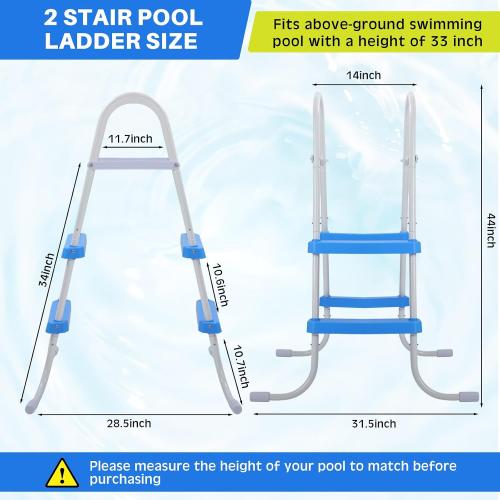 Threlaco 33 Inch Above Ground Pool Ladder 2 Step Steel Frame Swimming Pool Entry Exit Ladder Non Slip Metal Frame Steps, Weight Capacity 300lbs(White and Blue)