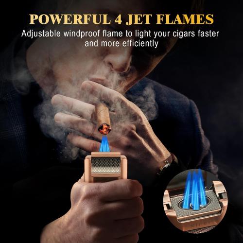 XIFEI 6-in-1 Desktop Lighter, 4 Jet Flame Torch with Straight & V-Cut Cutter, Dual Cigar Punch, Cigar Draw Enhancer, Holder, Refillable Butane Lighter with Gift Box (Bronze)
