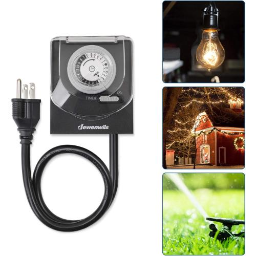 DEWENWILS 24-Hour Mechanical Light Timer with 2ft Long Cord, Waterproof Electrical Timer with Grounded Outlet, Plug in Timer Switch for Christmas Lights, 15A, 1/2 HP, UL Listed