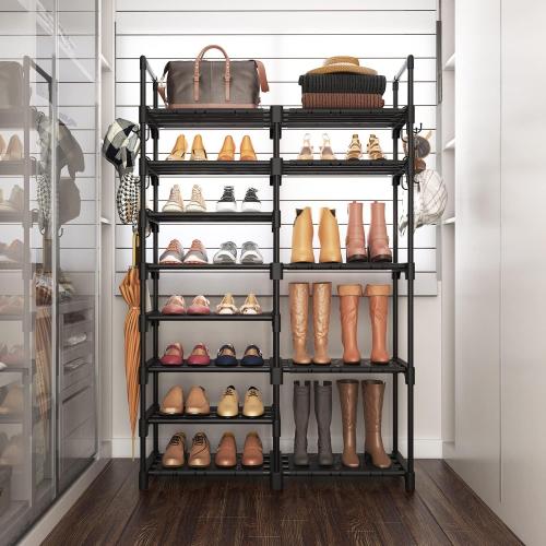 ROJASOP Shoe Rack Organizer, 8-Tier Metal Shoe Rack for Closet Entryway Garage, 26-32 Pairs Tall Shoe Boot Storage Shelf with 15 Hooks, Stackable Large Shoe Stand