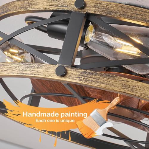 Color Brown and Black Caged Ceiling Fan with Light, Modern Fandelier Flush Mount Ceiling Fans with Lights and Remote, Farmhouse Low Profile Bladeless Ceiling Fans with Lights for Bedroom, Living Room