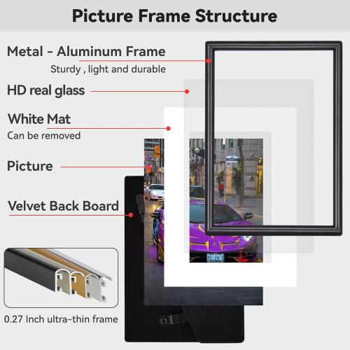 8x12 Picture Frame Set of 2, Black Brushed Thin Metal Aluminum Photo Frame with HD Glass, Fit 6x8 with Mat or 8 x 12 without Mat, for Table and Wall, 2 Pack