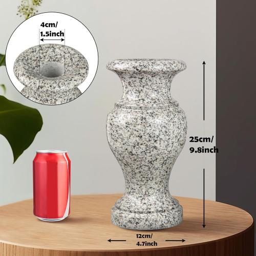 Cemetery Vase, Turned Granite Vase Polished, Memorial Stone Vases with Draining Holes for Home Tabletop, Cemetery Flowers, Grave Headstone Decorations (1pc, Grey)