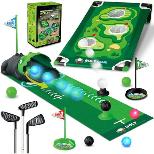 3 in 1 Kids Golf Set with Dinosaur Automatic Golf Returner, Golf Cornhole Board, Led Light Up Balls, Putting Mat, 3-8 Toddler Mini Golf Games, Indoor Outdoor Golf Toys Gift for Boys Girls 3