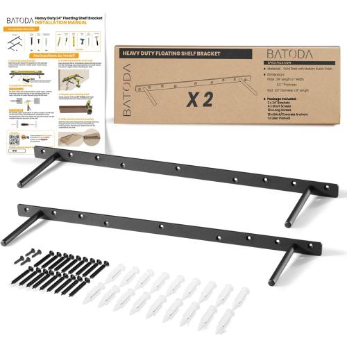 BATODA 24 Heavy Duty Floating Shelf Bracket (2 pcs) – Solid Steel Blind Shelf Supports - Hidden Brackets for Floating Wood Shelves - Blind Shelf Support - Shelving Mounting Hardware Included(Pack 2)