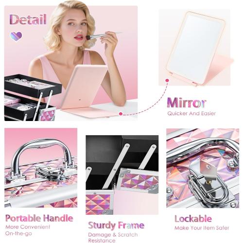 Makeup Case with Lighted Mirror Travel Makeup Organizer Box 2 Trays Lockable Cosmetic Train Case with Movable LED Mirror for Girls Make Up Nail Kits Sewing Vanity Storage Case Shiny Pink