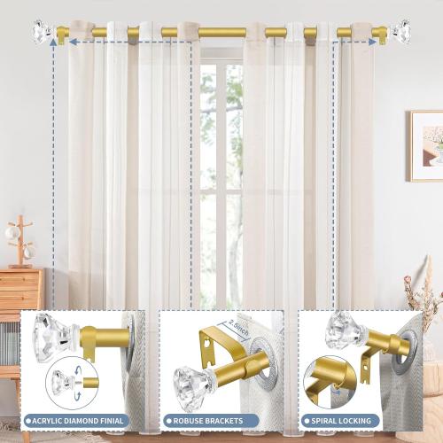 Gold Decorative Crystal Curtain Rods 36 to 88 Inch:Heavy Duty Adjustable Window Curtains Rods for Living Room Bedroom,Brass Gold Modern Girly Acrylic Drapery Rod with Clear Bling Diamond Finial