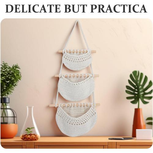 Convenient Fruit Basket Hanging Storage Basket Made of Cotton Rope and Wood with Practical Design and Fresh-keeping Feature for Living Room and Dining Room