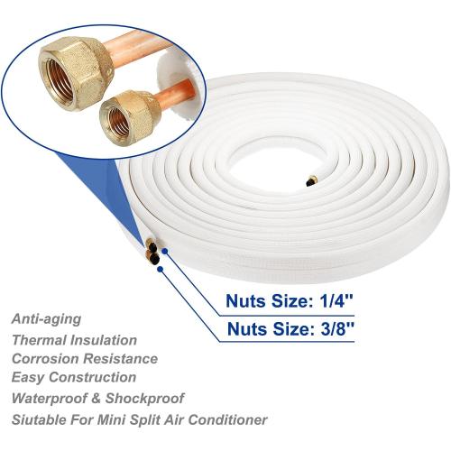 PATIKIL 50 Ft Mini Split Line Set, 1/4 & 3/8 OD Air Conditioner Copper Tubing Pipes Extension Set with Nuts Thickened PE Insulated for Mini Split Air Conditioner HVAC or Heat Pump System