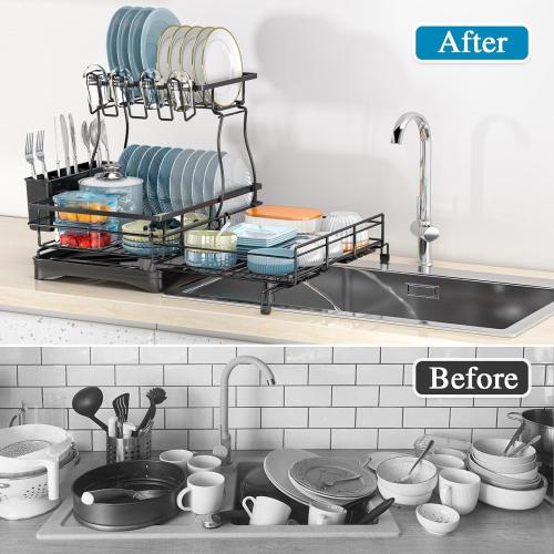 2 Tier Dish Drying Rack, Large Extendable Dish Racks for Kitchen Counter or Over Sink, Dishrack with Drainboard, 2-in-1 Anti-Rust Stainless Steel Dish Drainer with Utensil Holder & Cup Holder (Black)
