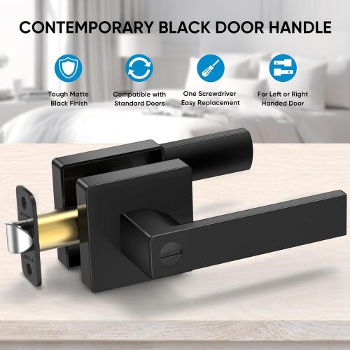 TICONN 1PK Matte Black Door Handles Interior, Reversible Square Door Levers Knob for Hallway, Bedroom, Bathroom (with Lock, 1PK Privacy)