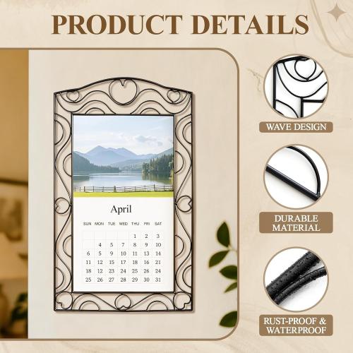 Moxweyeni 32 x 19 Inch Wrought Iron Wall Calendar Frame, Heart Wave Design Metal Wire Holder for Standard 2026 Calendars, Home Office Wall Decoration
