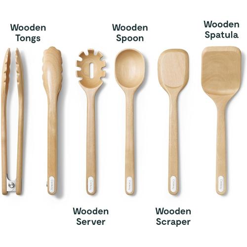 Caraway Wooden Utensil Set - 5 Piece Cooking Utensil Set - Spoon, Server, Scraper, Spatula, & Tongs - Made From FSC-Certified Birch Wood - No Microplastics