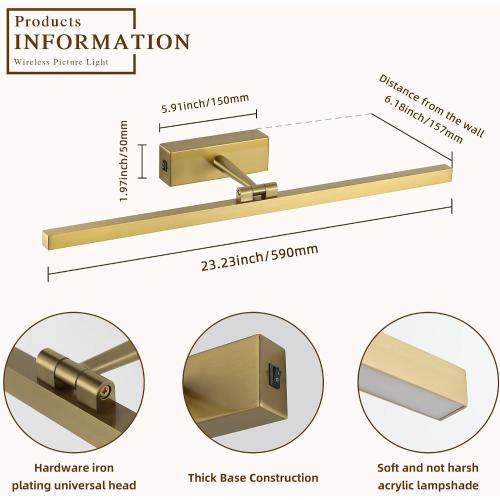 Joosenhouse Battery Operated Picture Light, Wireless Gallery Light with Remote Control and Dimmable Timer Off Function, Rechargeable Painting Art Light, 23.23 Inch Brass Wall Sconce