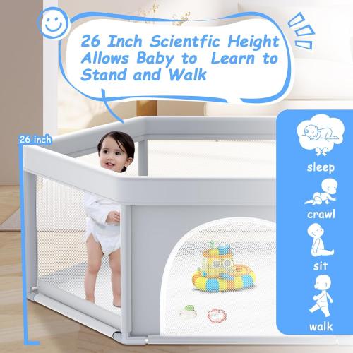 55x55 Inch Hexagonal Baby Playpen, Playpen for Babies and Toddlers, Baby Play Pen Design with External Zipper Gate, Baby Play Yard with Non-Slip Suction Cups on The Bottom, Baby Fence
