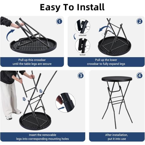 Byliable Cocktail Table 28in High Top Round Folding Indoor Outdoor, Plastic Bar Height Foldable Bistro Tall Table for Party, Patio, Dining Room, Kitchen, Events, Removable Locking Legs, Black