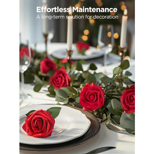 InnoGear Artificial Flowers, 50 Pcs Dark Red Foam Fake Roses Bulk with Stems for Decoration Celebration DIY Wedding Bouquets Centerpieces Bridal Shower Party Christmas Tree