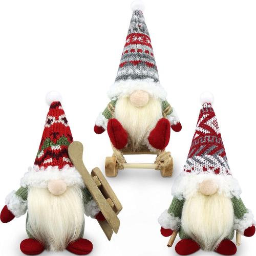 Gehydy Christmas Gnomes Decorations Set of 3 Mini Gnomes Ski with Sled Handmade Scandinavian Tomte Knomes Nomes Santa Xmas Decor for Home Kitchen Farmhouse Tiered Tray