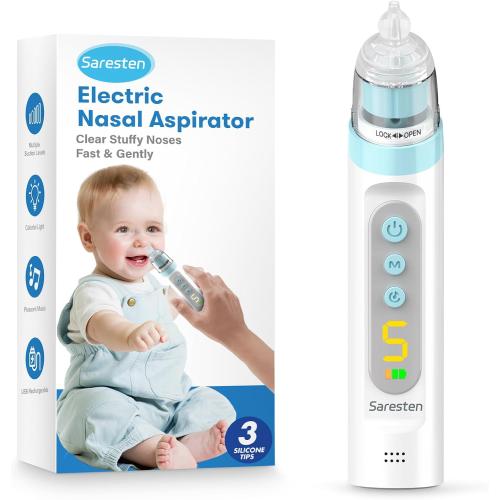 Nasal Aspirator for Baby,Rechargeable Nose Sucker for Baby,Baby Nasal Aspirator with 3 Silicone Tips,Adjustable Suction ,Waterproof Booger Sucker for Baby with Music and Light Function,Blue