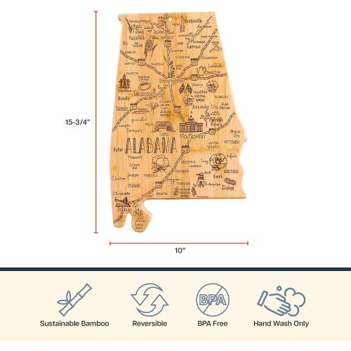 Totally Bamboo Destination Alabama Shaped Cutting Board – Bamboo Charcuterie and Serving Board with Hang Tie for Wall Display
