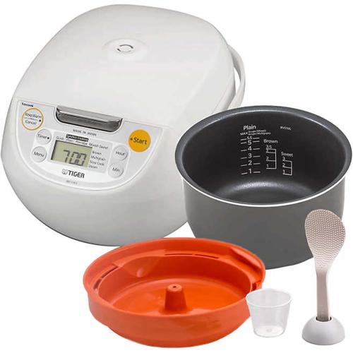 TIGER JBV-S10U 5.5-Cup (Uncooked) Micom Rice Cooker and Warmer with Tacook Food Steamer Cooking Tray Technology, White