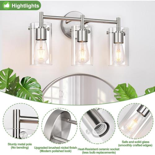 2023 Upgrade 3-Light Brushed Nickel Bathroom Vanity Light Fixtures, Clear Glass Shade Wall Sconces for Mirror, Bedroom, Living Room, Hallway