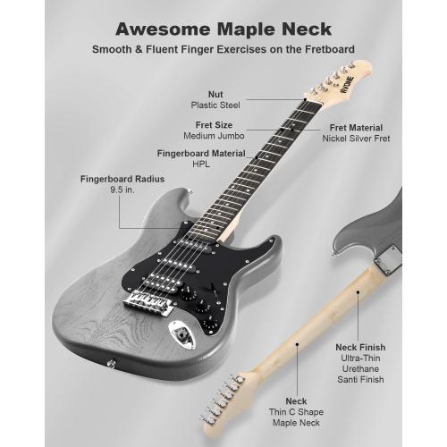 RST-150 39 Beginner Electric Guitar Kit with Amp & HSS Pickups | Complete Starter Set for Newcomers w/Essentials | Gig Bag, Extra Strings, Digital Tuner, Capo, Strap | Home Practice (Black)