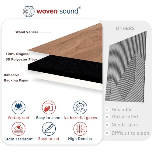 WoveN SounD Artisan Acoustic Wall Panels, 24x24 Inch 8 Pack, PVC Wood Grain Veneer Carved Sound Proof Wall Decor, Self-Adhesive for Home, Studio, Office & Focus Zones, Interlaced Arcs, Teak