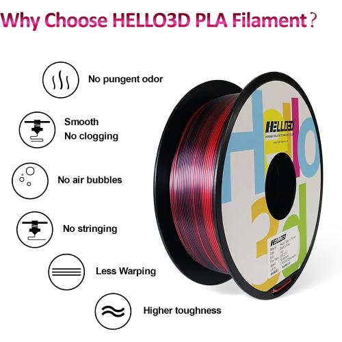 Bicolor Silky 1.75mm Black & Rose HELLO3D PLA 3D Printing Filament 1.75mm Dual Color Silk Filament,Silk Shiny Red Black 2 Colors in 1 Coextrusion 3D Printer Filament 1KG 1.75mm 3D Printing Material with Bicolor Dichromatic 2 Colors