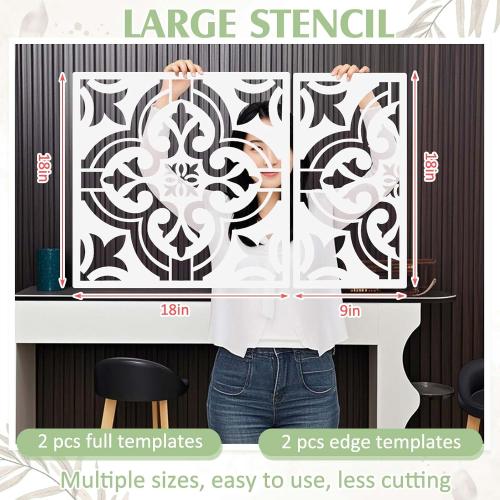 ‼️may be missing items or even stains ‼️Zonon 4 Pcs 18 Inch Reusable Moroccan Tile Stencil for Wall Floor | Large floral tile stencils for wall and floor painting,reusable, easy to clean.Ideal for DIY projects, concrete, and plaster.