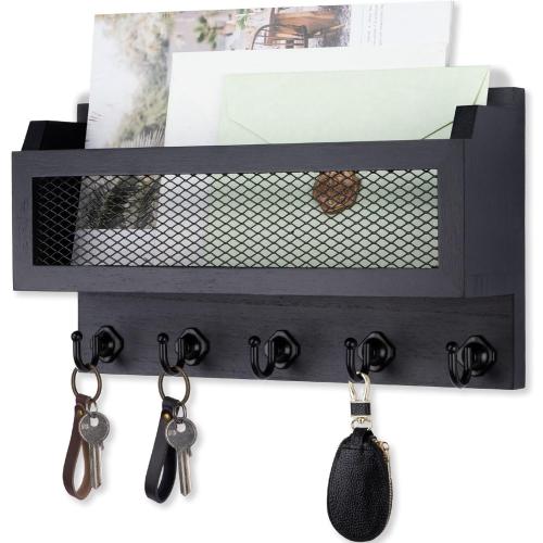 Nekon Mail and Key Holder for Wall Decorative, 11 Inch Wooden Wall Key Organizer with 5 Key Hooks, Wall Mount Storage Shelf for Entryway Hallway (Black)