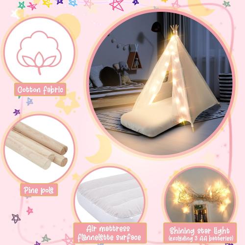 2 Pack Kids Teepee Tent with Mattress,Fitted Sheet,Light String,Washable Natural Cotton Toddler Play Tent for Girls Boys Indoor Outdoor Sleepover Slumber Birthday Party(White)