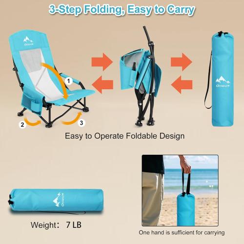 Blue 2Pack Oileus Folding Portable Beach Chair, High-Back Low-Seat Lightweight Chair for Beach Tents, Shelters, and Camping, Full Mesh Backrest | Cup Holder | Storage Bag | Carrying Bag | 2 Armrests