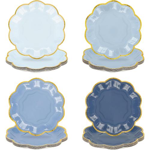 24 Pcs Dusty Blue Scalloped Paper Dessert Plates, 7 Inch, Gradient Blue | Gold Foil Edge, Disposable Party Plates, Snack Cake Plate for Birthday Bridal Baby Shower Wedding Xmas Party Supplies