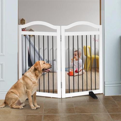 Foldable Freestanding Indoor Dog Gate for Doorways Wooden White Pet Gate for The House Dog Fence with Support Feet Included for Stairs, Hallways, 32 Height,2 Panels
