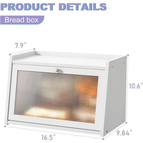 Large Farmhouse Bread Box with Window -White Natural Wood Bread Storage Container for Kitchen Countertop