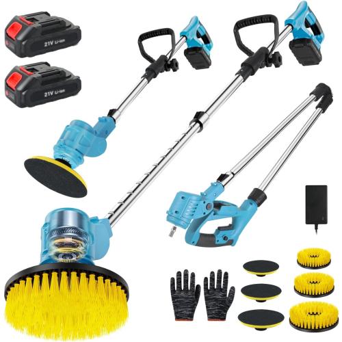 Electric Spin Scrubber Extra Long Foldable,Cordless Rechargeable Spin Scrubber Battery Power 21V,1800RPM Cordless Electric Power Scrubber with 6 Brushes for Bath/Tub/Tile/Floor/Walls