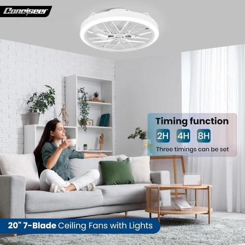 Conciseer Low Profile Ceiling Fan with Lights, 20 Inch Ceiling Fan with Light and Remote for Bedroom Living Room, 36W 3CCT Dimmable, 7 Blades 6 Speed Reversible Quiet DC Motor, LED 36W, White