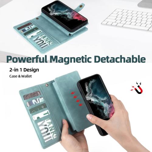 TwoHead for Samsung Galaxy S22 Ultra Wallet Case with Card Holder & Detachable Magnetic Phone Case, Leather All-Round Protection Wallet Phone Case for Women Men,6.8in,Blue