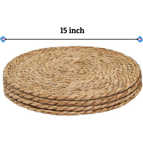 15 inch Round Woven Placemats Set of 4, Boho Rattan Natural Hand-Woven Water Hyacinth Placemats, Chargers for Dinner Plates, Farmhouse Weave Place Mats, Rustic Wicker Table Mats Decor for Home,Wedding