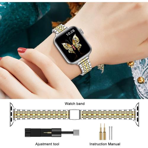 MioHHR Slim Metal Band Compatible with Apple Watch Band 42mm(Series 11 10) 41mm(Series 9 8 7) 40mm(Series 6 5 4 SE3/2/1) 38mm(Series 3 2 1),Stainless Steel iWatch Bands for Women,Silver/Gold
