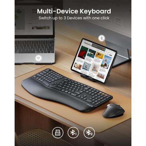 ProtoArc Backlit Bluetooth Ergonomic Keyboard, EK01 Plus Full Size Wireless Split Keyboard with Dual Bluetooth and USB, Cushioned Wrist Rest, Rechargeable, Compatible with Windows/Mac/Android, Black