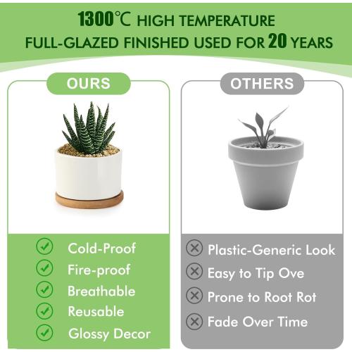 ZOUTOG Ceramic Succulent Pots,4 Inch Plant Pots,Succulent Planters with Drainage Hole & Bamboo Tray for Indoor Plants,White Small Flower Planters for Home,Office,Desk(6 Pack)