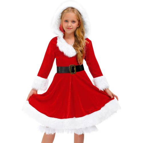 BesserBay Girls 2 Pcs Christmas Santa Claus Dress with Belt Red Velvet Hoodie Dresses 4-14 Years