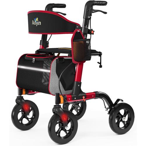 Walkers for Seniors, Rollator Walker with Seat, 350 lb Weight Capacity, 18 Big Seat, 8 All-Terrain Wheels, 6-Level Adjustable Height, Lightweight Aluminum Frame Rollator Walkers for Seniors (Red)